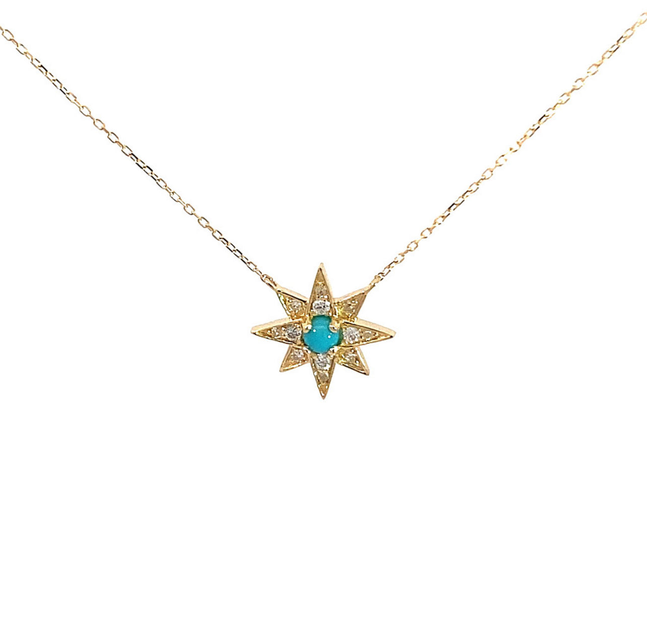 Cadena de estrella en diamantes y piedra turquesa natural en oro de 14 kt!!