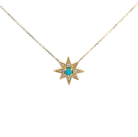 Cadena de estrella en diamantes y piedra turquesa natural en oro de 14 kt!!