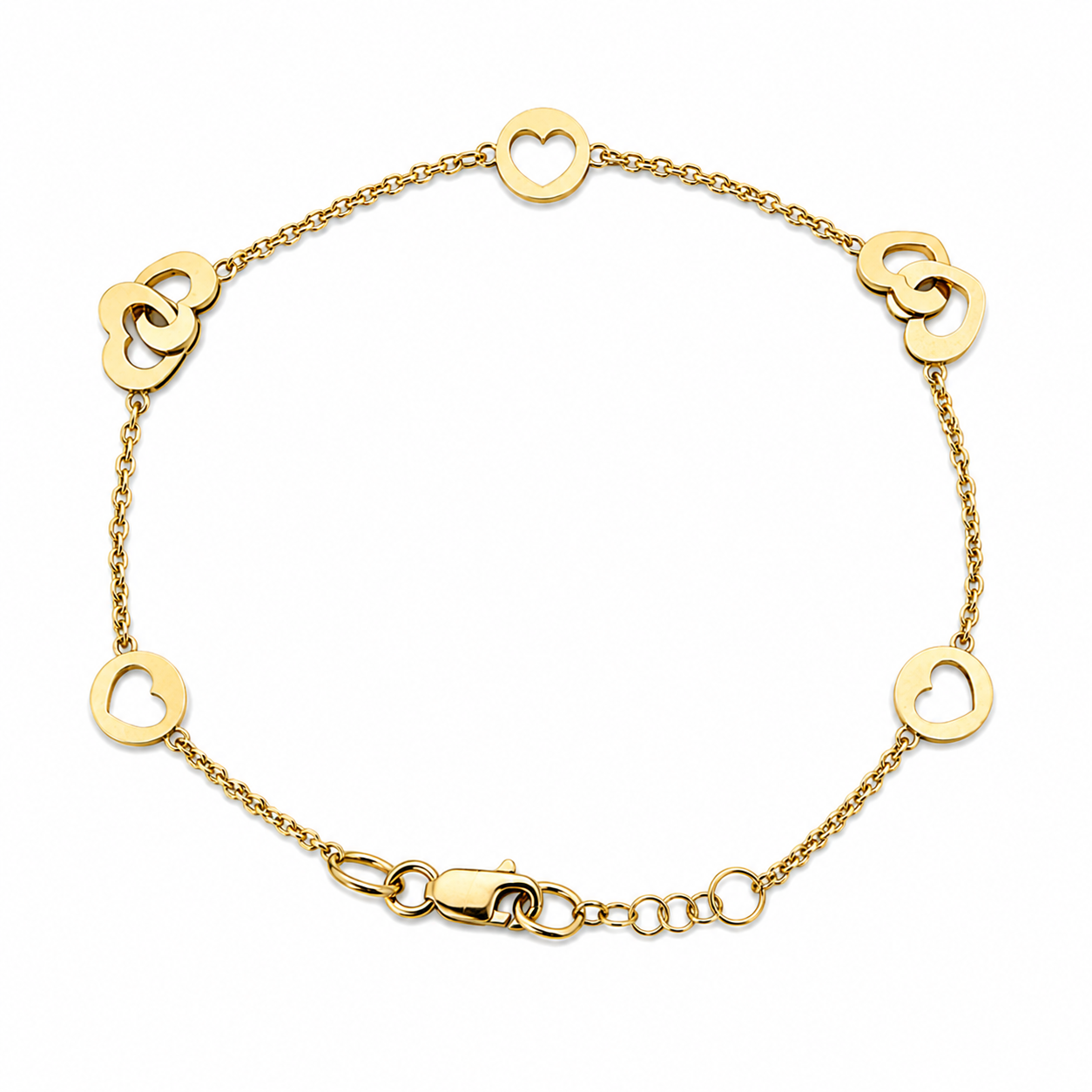 Pulsera solida con diseños de corazones en oro de 14 kt