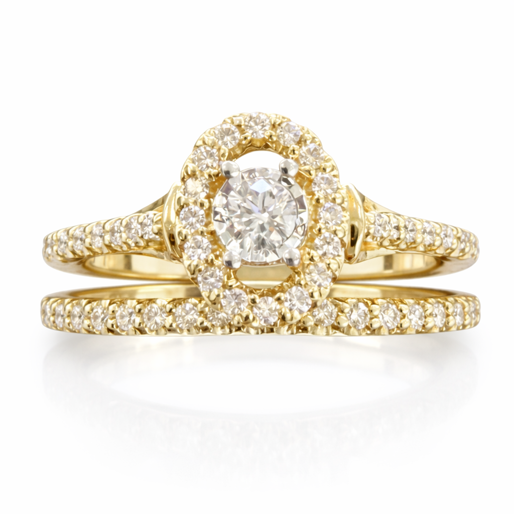 Duo de anillos de compromisos con diamantes naturales y oro de 14 kt