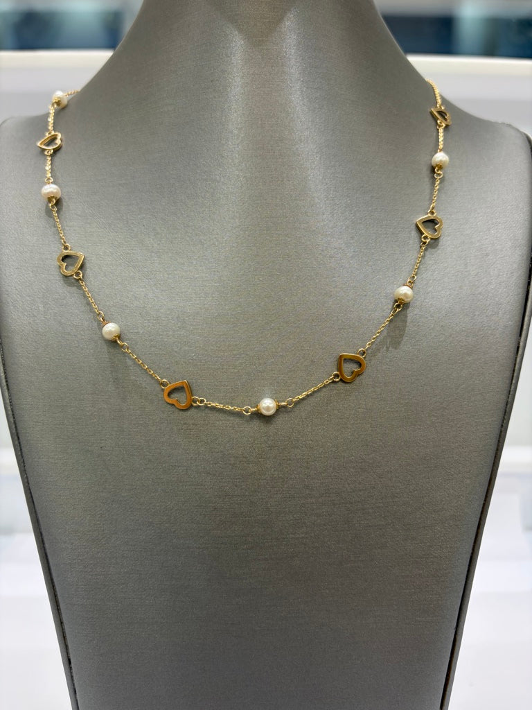 cadena con corazones y perlas blancas 14k