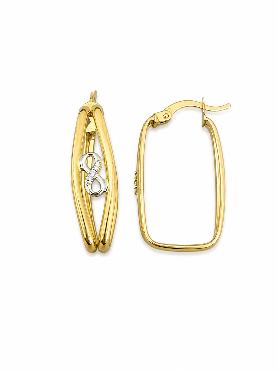 Argollas cuadradas con diseño de infinito en oro 14 kt