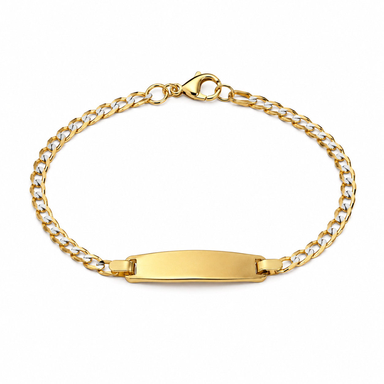pulsera de bebe corte brillo con oro blanco y placa