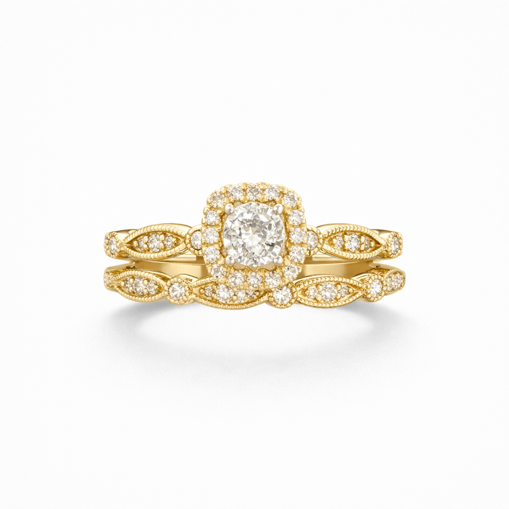Dúo de anillos de compromisos con diamantes naturales y oro de 14 kt !!