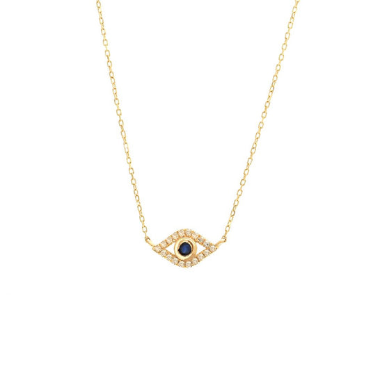 Cadena de ojo turco en diamantes y piedra zafiro azul en oro amarillo de 14 kt!!