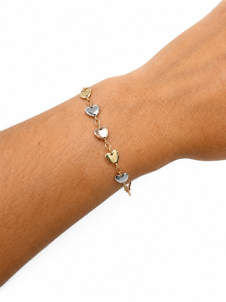 Pulsera pulsera de corazones tres oros 14k