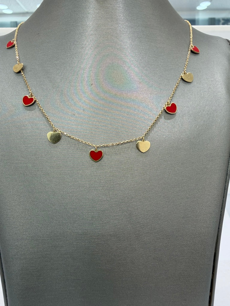 cadena con corazones corgantes rojos 14k