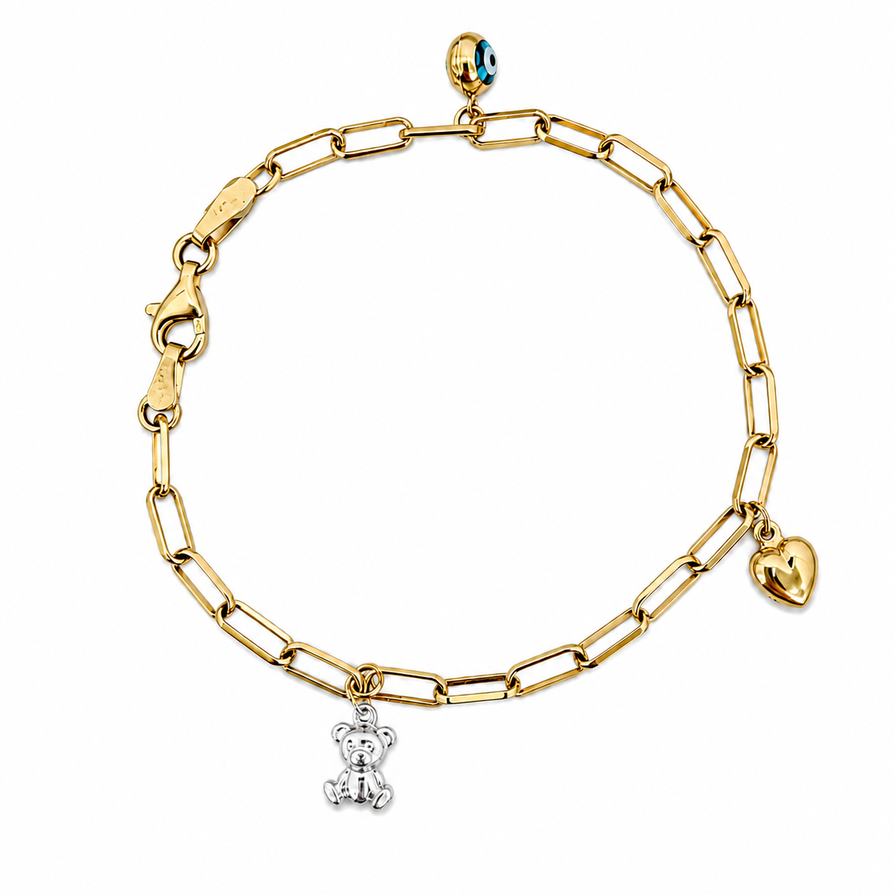 Pulsera paper clip con colgantes 14k