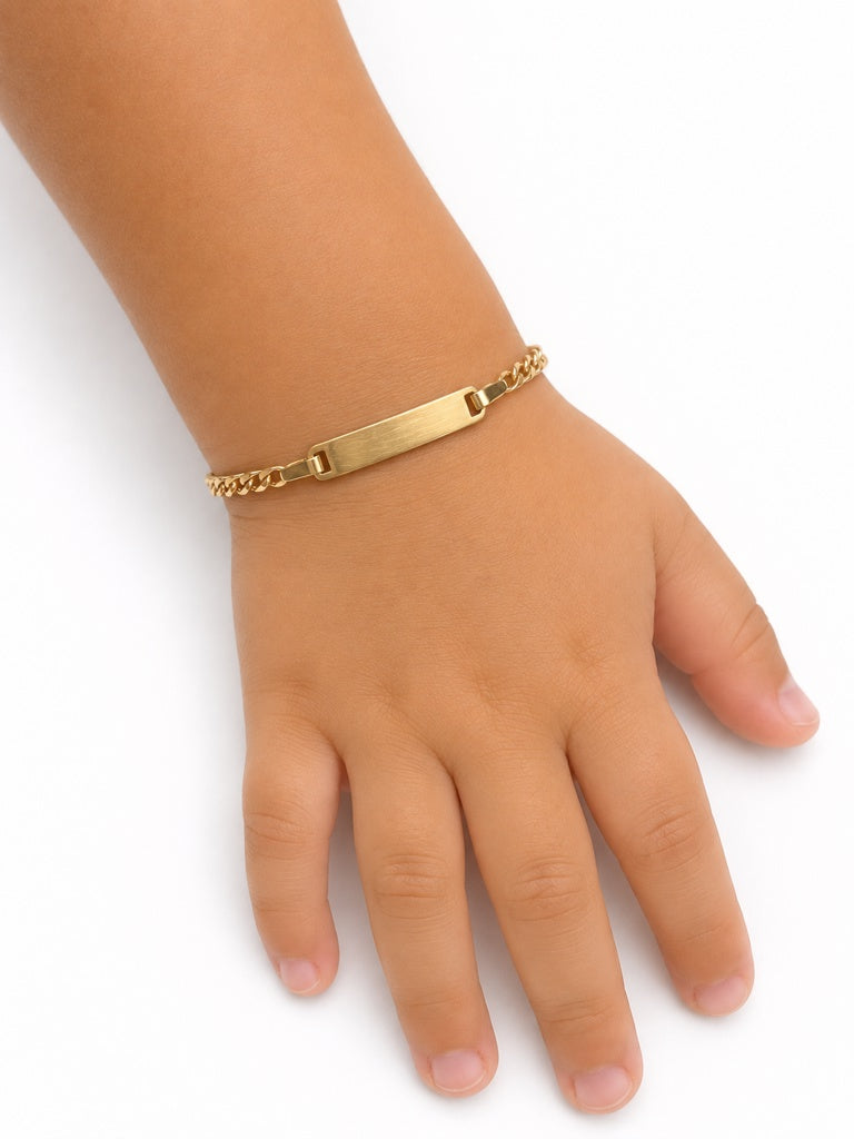 pulsera de bebe con placa corte brillo 14k