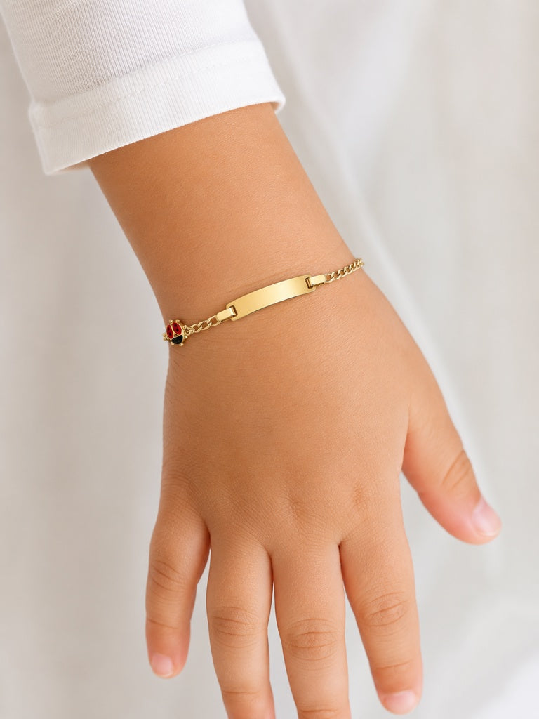 pulsera con placa, charm de mariquita estilo corte brillo 14k