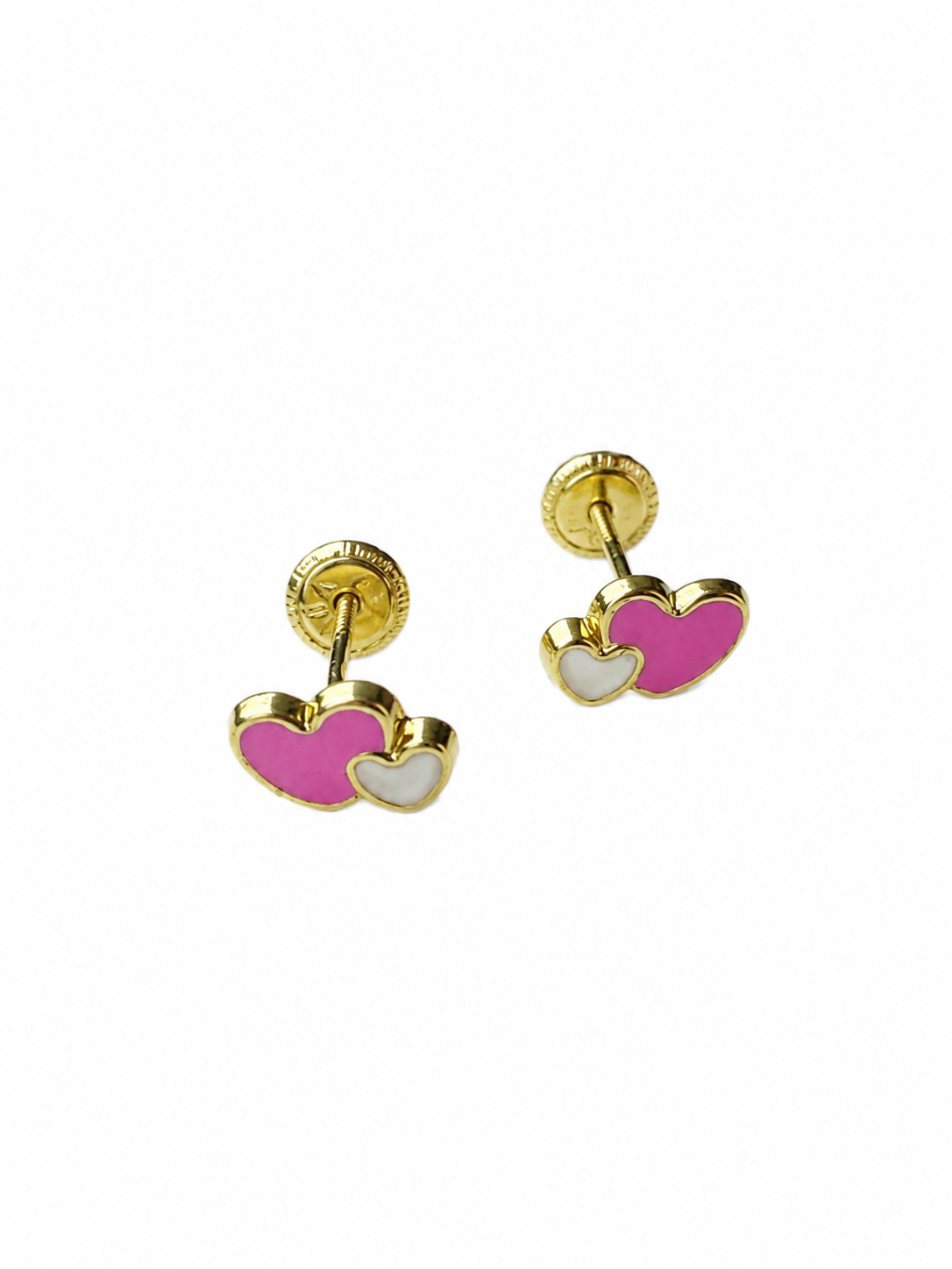 aretes pegados de corazon rosado y blanco 18k