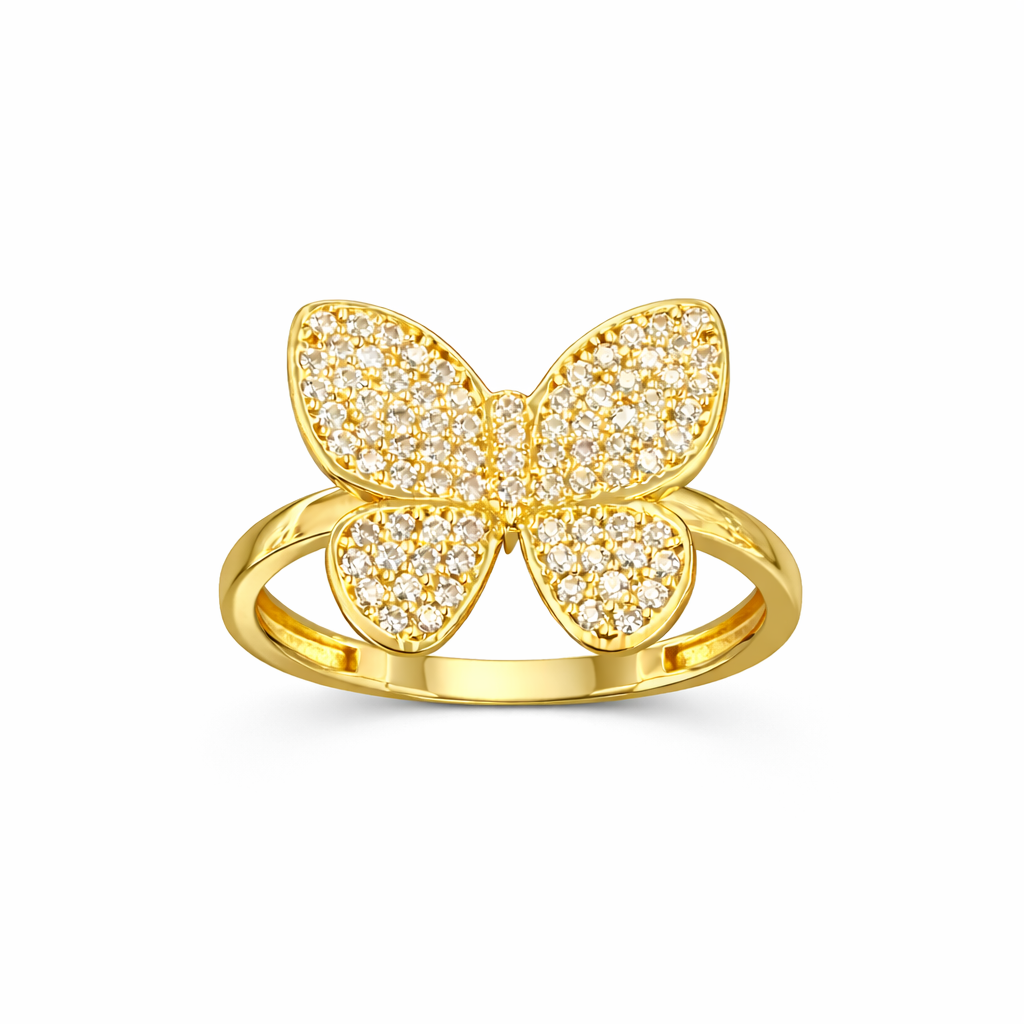 Anillo sólido con diseño de mariposa y circonias en 14 kt