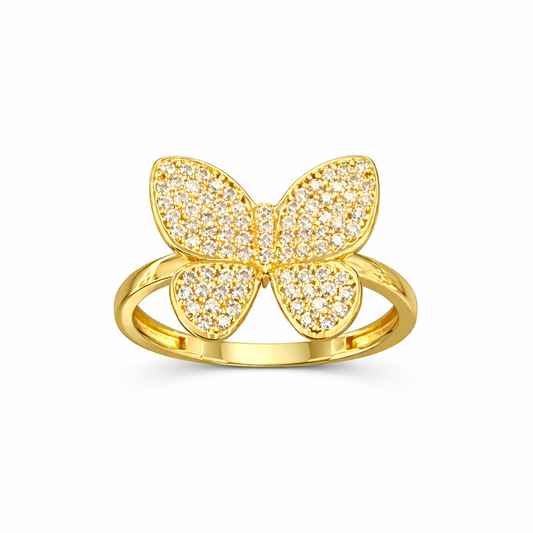 Anillo sólido con diseño de mariposa y circonias en 14 kt