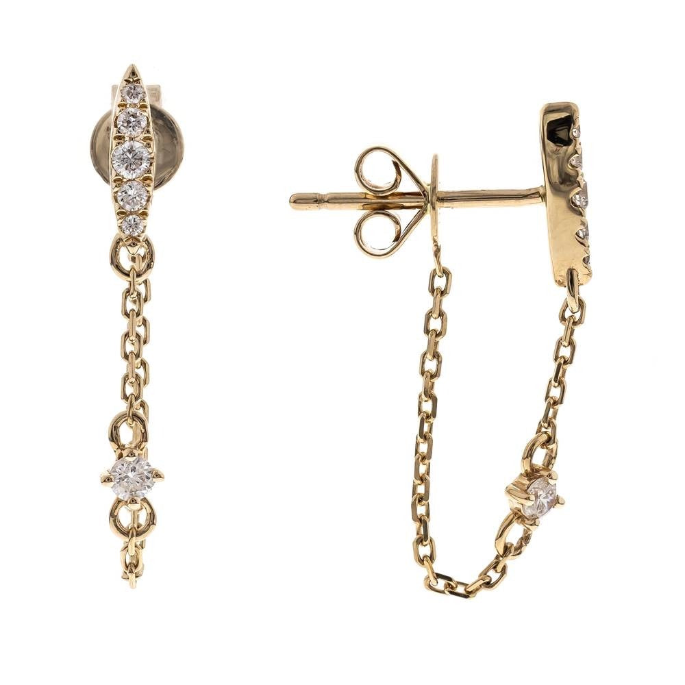 Aretes de diamantes con cadena en oro amarillo de 14 kt!!