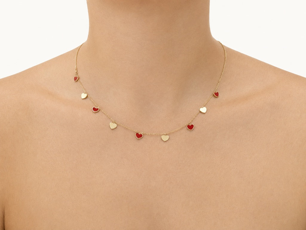 cadena con corazones corgantes rojos 14k