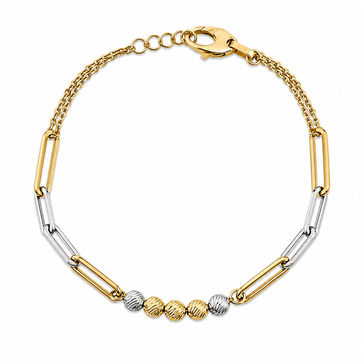 Pulsera paperclip y balines en oro blanco y amarillo de 14 kt