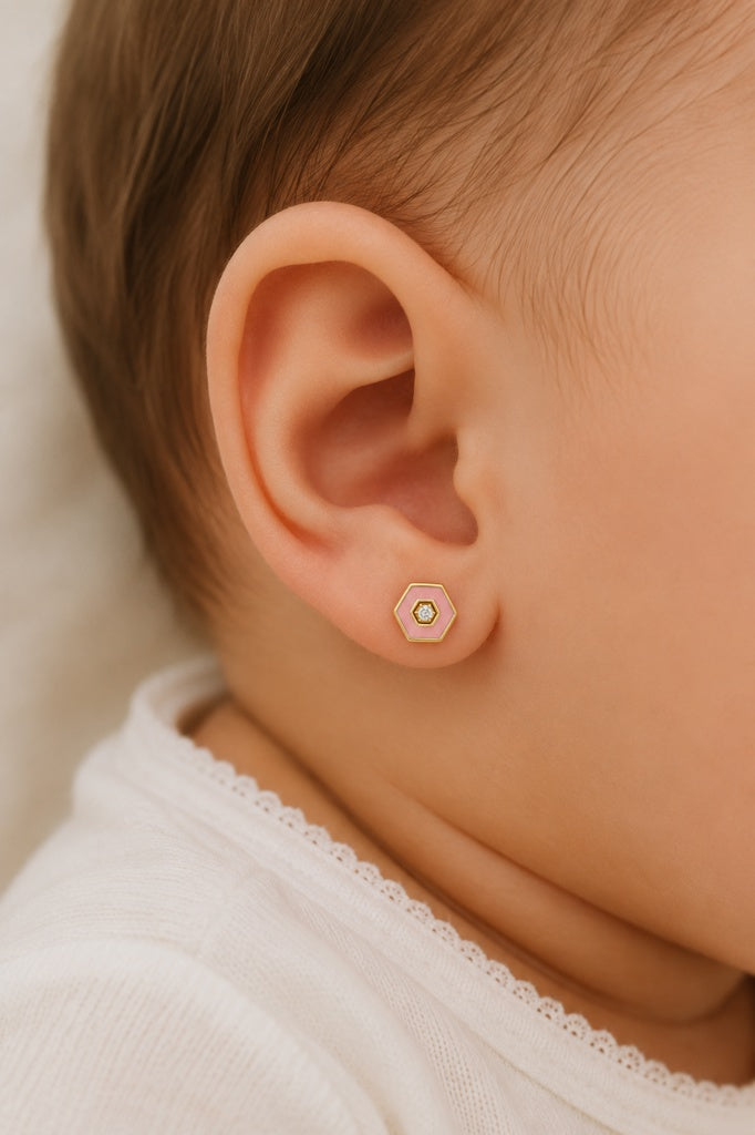 aretes pegados hexagonal rosa con circonia 14k