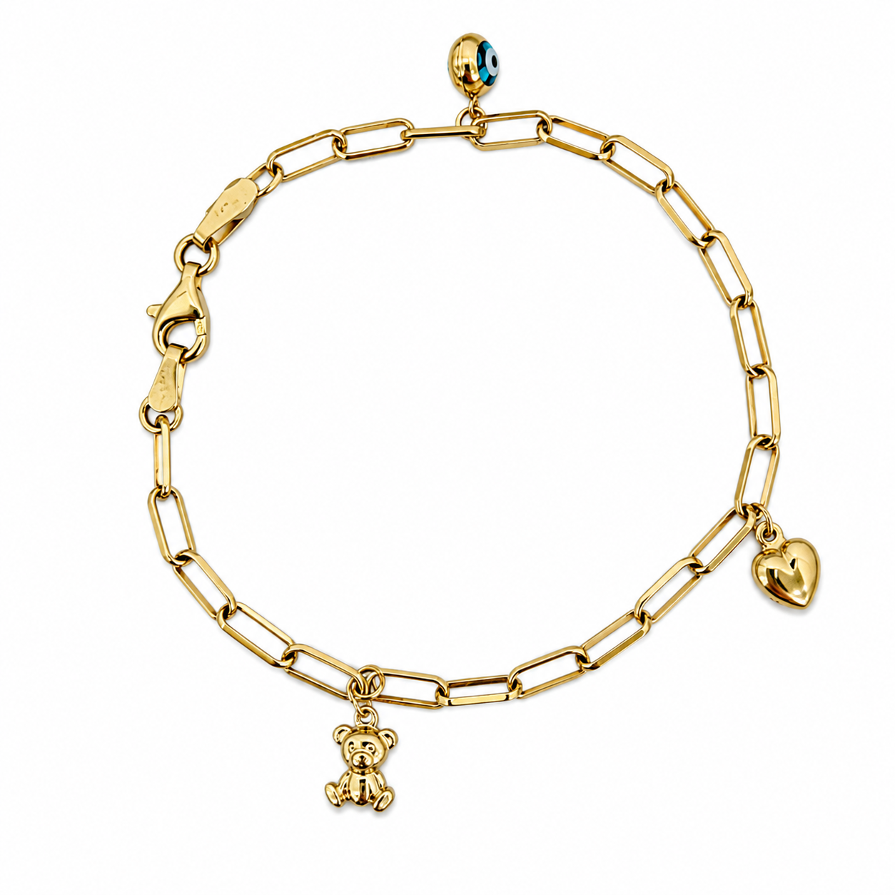 Pulsera paperclip sólida con colgantes en oro de 14 kt