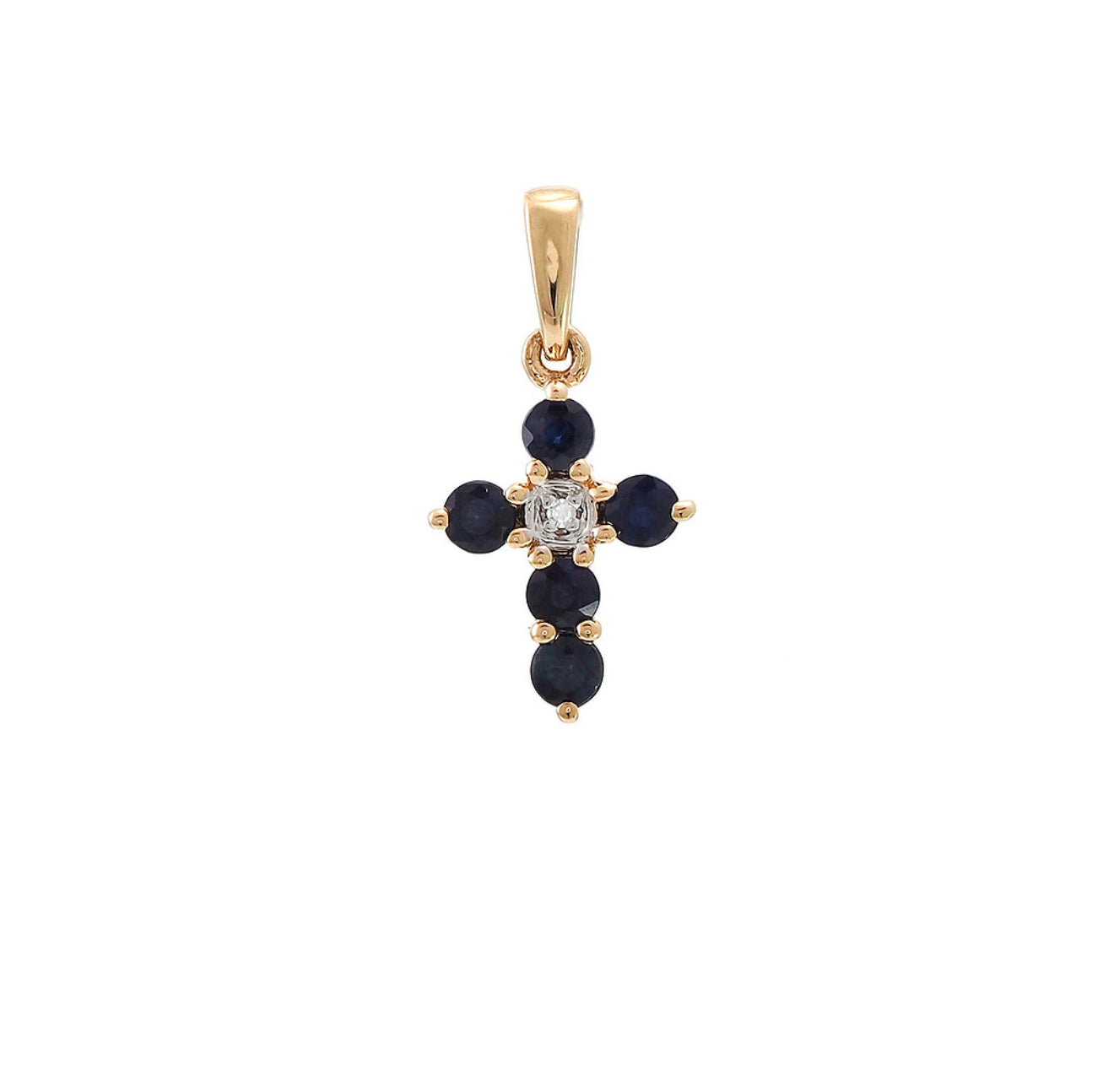 Cruz pequeña de zafiros azules y diamante en oro amarillo de 14 kt !!