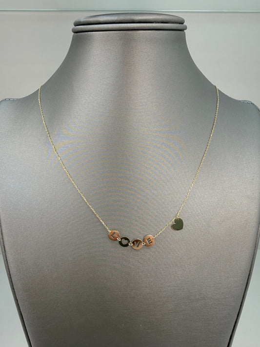 Cadena solida con diseño de Love y corazones en 14 kt