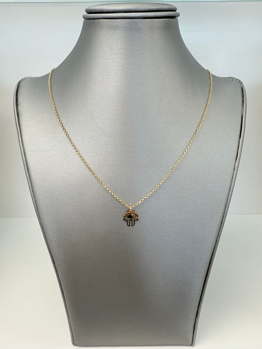 Cadena rolo solida con dije de ojo turco y mano de Fátima en 14 kt !