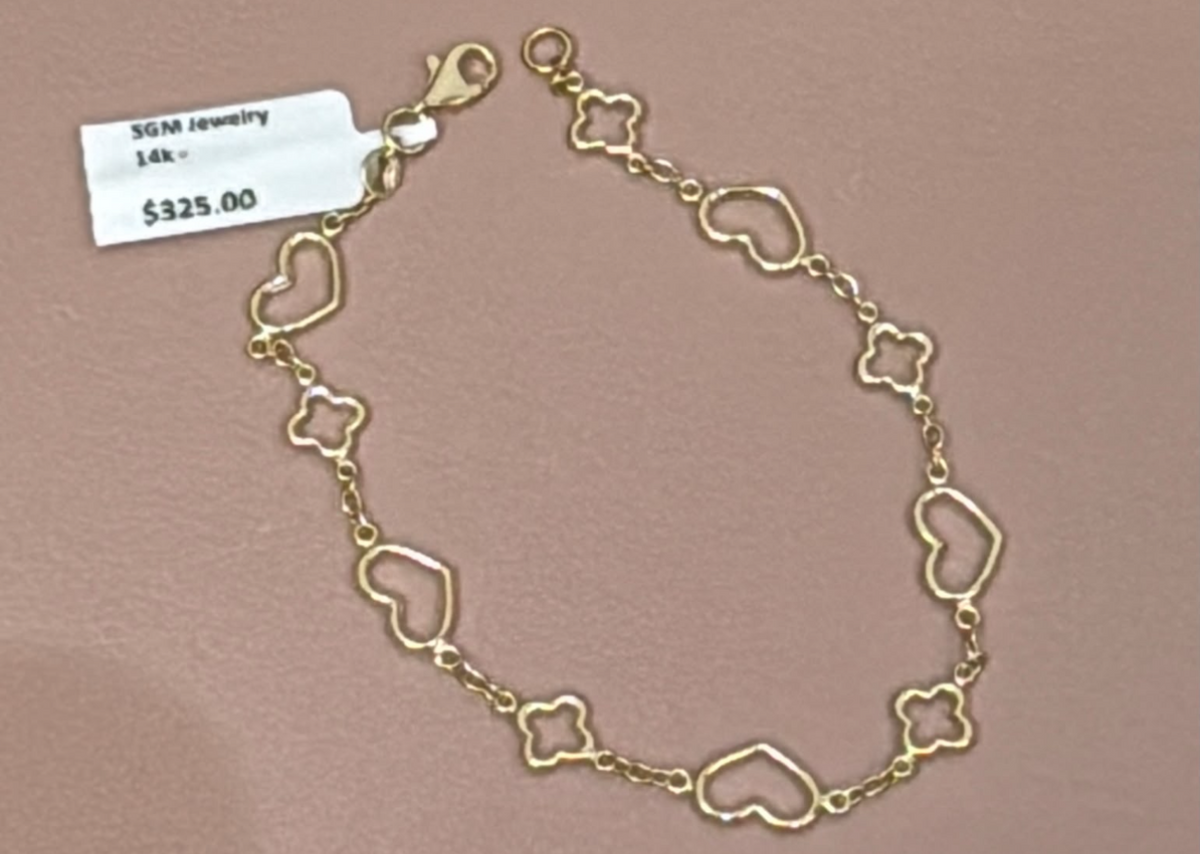 Pulsera corazón y clover 14k