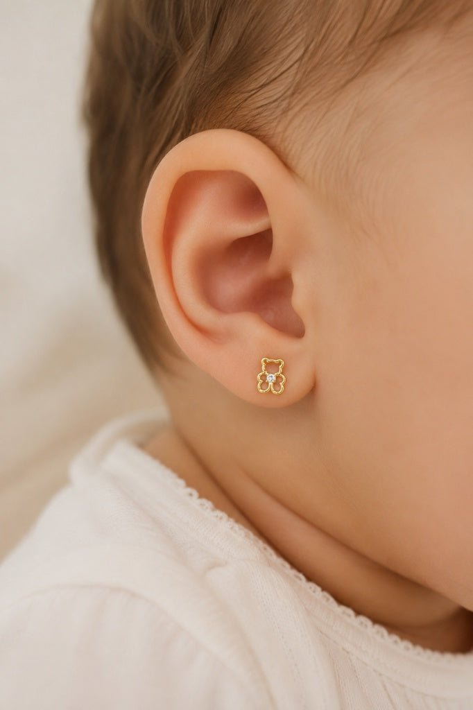 aretes pegados de osito con circonia 14k