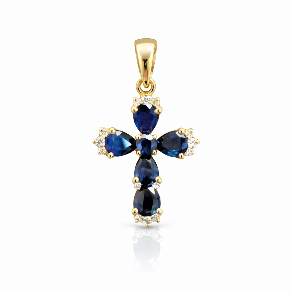 Cruz de zafiros naturales y diamantes en oro de 14 kt