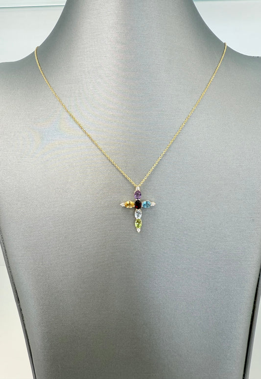 Cadena de cruz multigemas naturales y diamantes en 14 kt !!