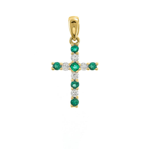 Cruz de diamantes naturales y esmeralda en oro amarillo de 14 kt !!