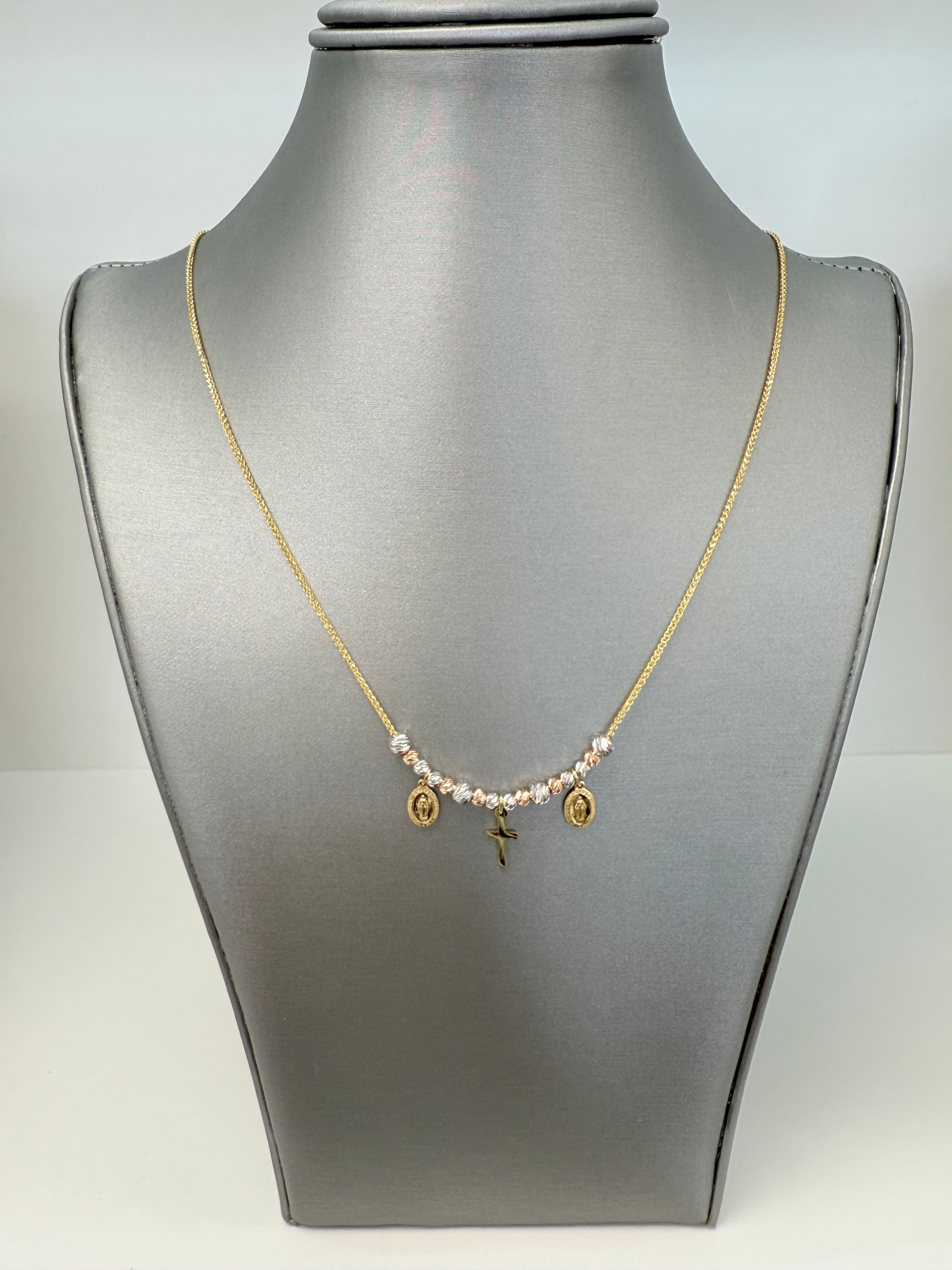Cadena solida de cruz y virgen en 14 kt !