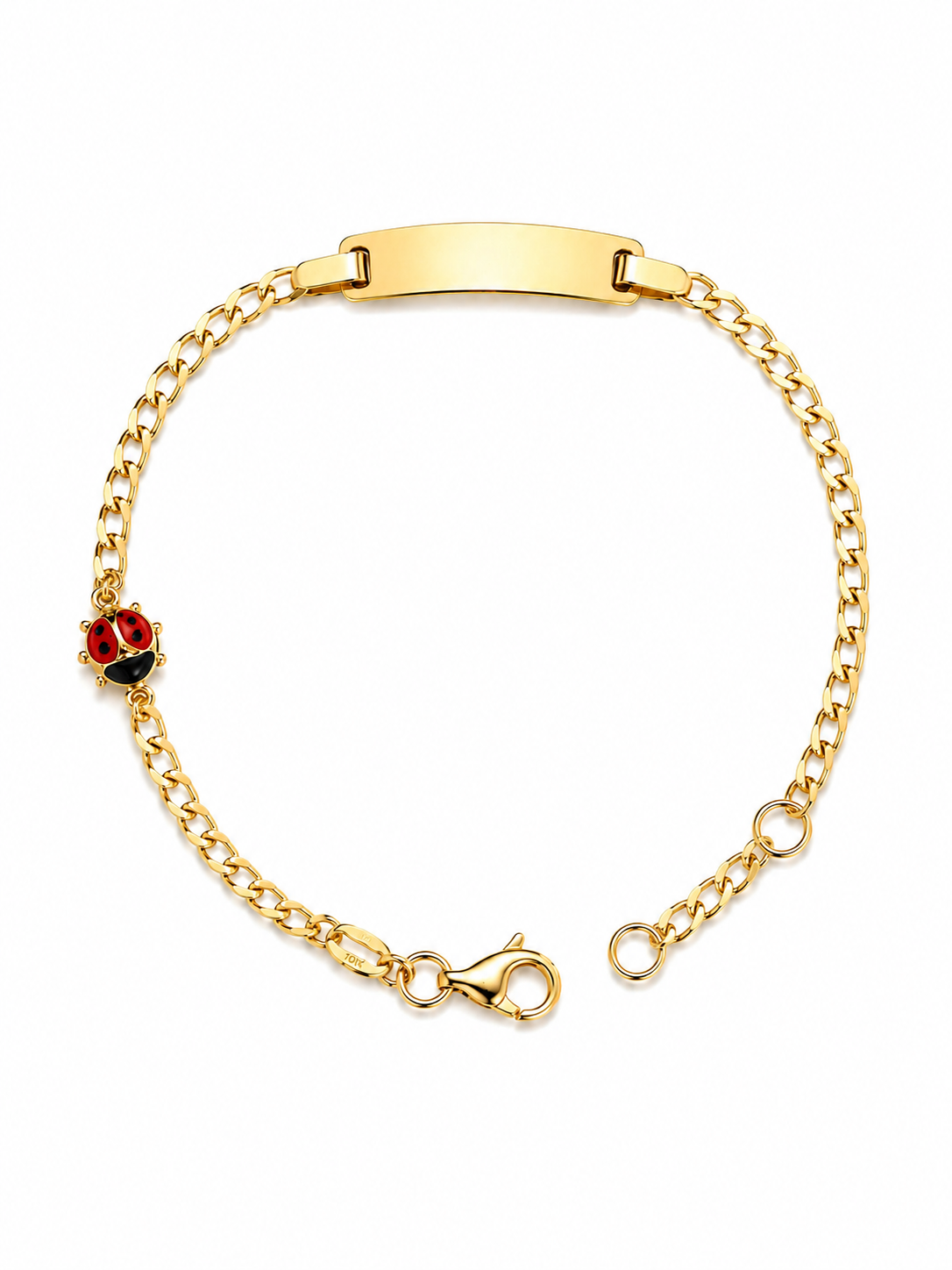pulsera  con placa, charm de mariquita estilo corte brillo 14k