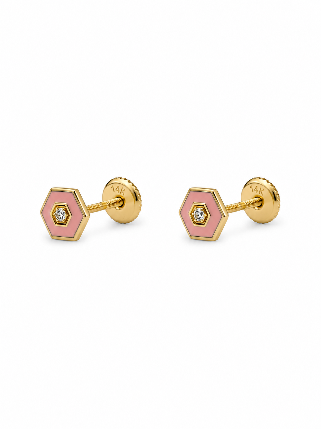 aretes pegados hexagonal rosa con circonia 14k